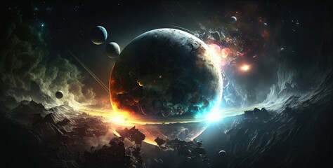 Obraz premium Planets expanding in the galaxy with colorful lights everywhere Generative AI