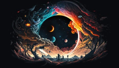 Planets expanding in the galaxy with colorful lights everywhere Generative AI