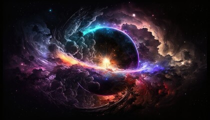 Fototapeta premium Planets expanding in the galaxy with colorful lights everywhere Generative AI