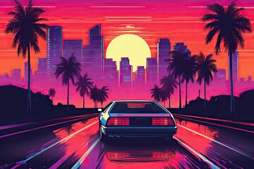 Obraz na płótnie Canvas Vaporwave illustration of retro futuristic car on city street in neon colors. Generative AI