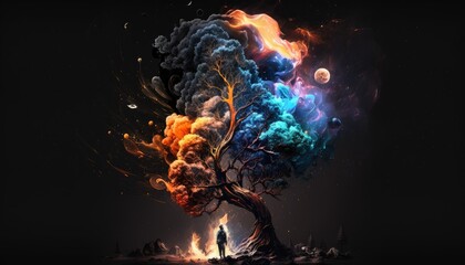 Planets expanding in the galaxy with colored lights everywhere, man watching from under a tree Generative AI