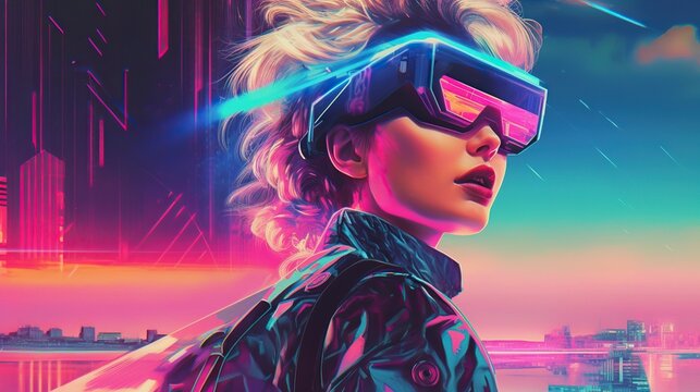 80s retro futurism illustration of young beautiful woman wearing virtual reality headset. Generative AI