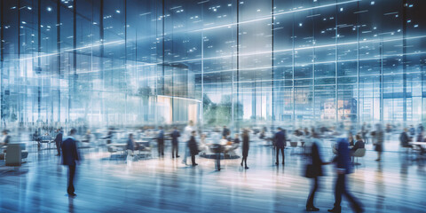 Long exposure banner of busy crowded modern office hallway with business people. Generative AI