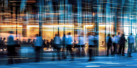 Obraz premium Long exposure banner of busy crowded office hallway with business people. Generative AI
