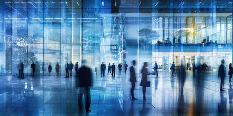 Fototapeta na wymiar Long exposure banner of busy crowded modern office hallway with business people. Generative AI