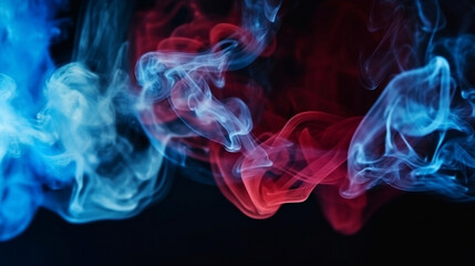 Color smoke abstract background. Cold and hot contrast. Defocused blue red contrast. Vapor floating cloud texture. Generative AI