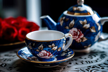 Intricately designed ceramic teacups with a matching teapot.