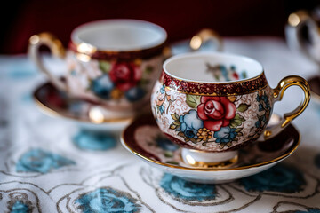 Obraz na płótnie Canvas Intricately designed ceramic teacups with a matching teapot.