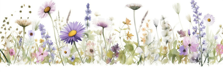 Delicate watercolor beautiful meadow flowers on white background, generative ai