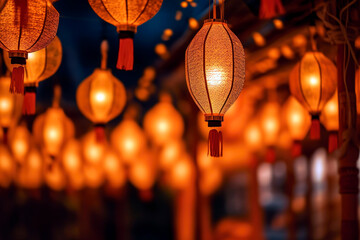 Illuminated paper lanterns, intricately designed and beautifully glowing, suspended among others in a row at a Buddhist temple during Vesak Day celebrations.