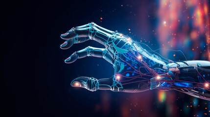 Obraz na płótnie Canvas Hand of robot touching on big data network