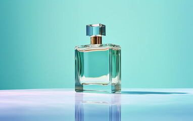 Elegantly poised perfume bottle on a reflective surface, basking in the cool azure ambience of minimalism.