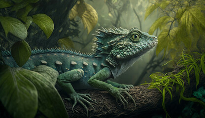 Green dragon lizard in jungle AI illustration art