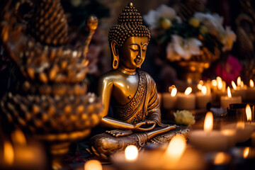 Buddha statue, adorned with gold leaf and surrounded by intricate carvings, bathed in the soft, warm light of candles during Vesak Day.