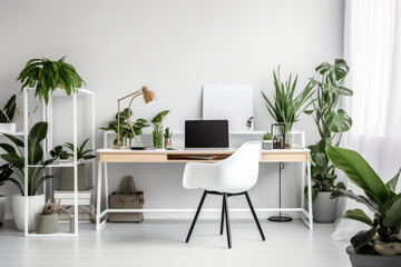 Espace de travail minimaliste et fonctionnel, où les éléments de design sont épurés et simples. Bureau moderne avec un ordinateur portable, nombreuses plantes vertes.  IA générative.