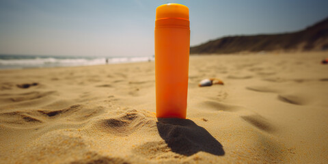  Bottle of sunscreen on the beach, IA generativa