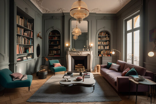 Salon confortable et accueillant dans une maison ou appartement bourgeois, chemin&eacute;e eu feu de bois. IA g&eacute;n&eacute;rative