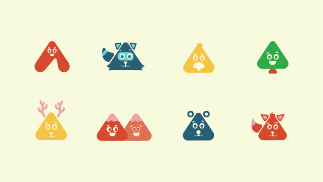 A vibrant collection of nine animal icons featuring eyes and ears each in unique colors