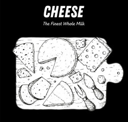 Hand drawn sketch of cheese on wooden board. Dairy farm products cheese. Engraved style