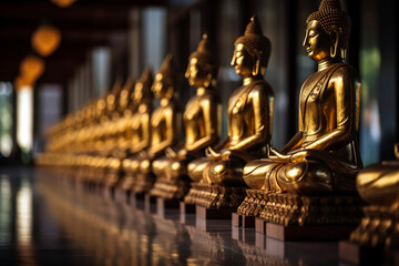 Row of gleaming brass Buddha statues, seated in meditative poses on ornate pedestals during Vesak Day.