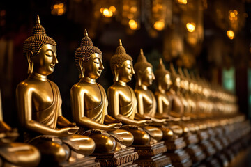 Row of gleaming brass Buddha statues, seated in meditative poses on ornate pedestals during Vesak Day.