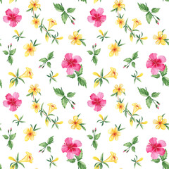 Seamless watercolor pattern with exotic tropical flowers. Hibiscus, alamanda, yellow bell. Botanical illustration isolated on white background. Can be used for fabric prints, gift wrapping paper