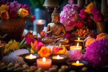Vesak Day offering table, featuring an array of vibrant flowers, incense sticks, and candles placed thoughtfully in front of a Buddha statue.