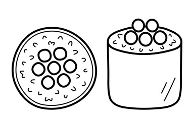 Hosomaki with red caviar. Sushi roll topped with Ikura (salmon roe). Japanese food. Top and side view. Doodle sketch style. Vector illustration isolated on white background.