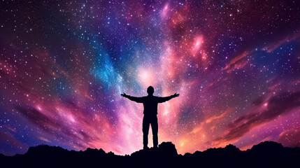 Illustration silhouette of a young man with arms outstretched against an epic starry night sky background. A.I. generated.

