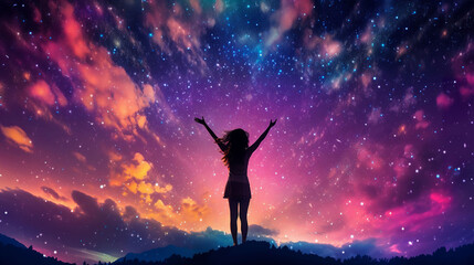 Illustration silhouette of a young woman with arms outstretched against an epic starry night sky background. A.I. generated.
 - obrazy, fototapety, plakaty