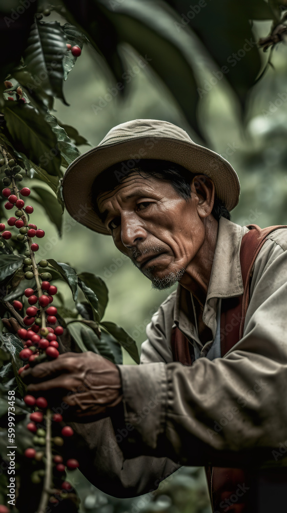 Poster a man in a hat picking coffee beans from a tree. generative ai.