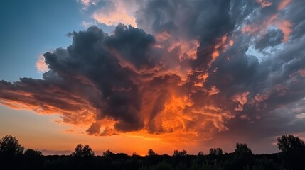 dramatic orange clouds in the blue sky at sunset Generative AI