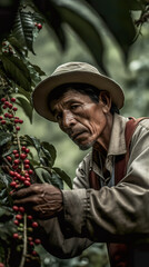 A man in a hat picking coffee beans from a tree. Generative AI.