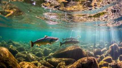 Foto op Aluminium Illustration of spawning salmon in a beautiful river. Generative AI.  © Jeff Whyte