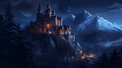 Illustration of a dark and foreboding castle in the mountains at night. Generative AI.  - obrazy, fototapety, plakaty