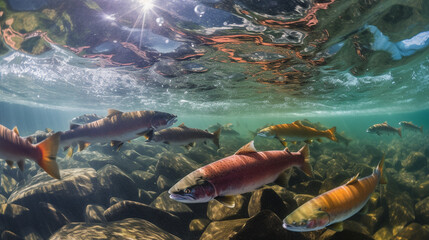 Fototapeta na wymiar Illustration of spawning salmon in a beautiful river. Generative AI. 