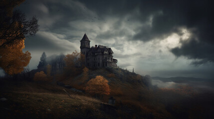 Obraz premium Illustration of a haunted mansion on a hill. Generative AI. 