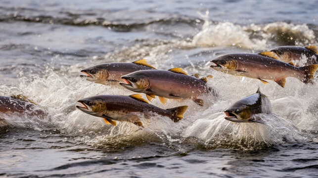 Illustration of spawning salmon in a beautiful river. Generative AI. 