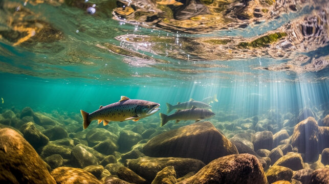 Illustration of spawning salmon in a beautiful river. Generative AI. 