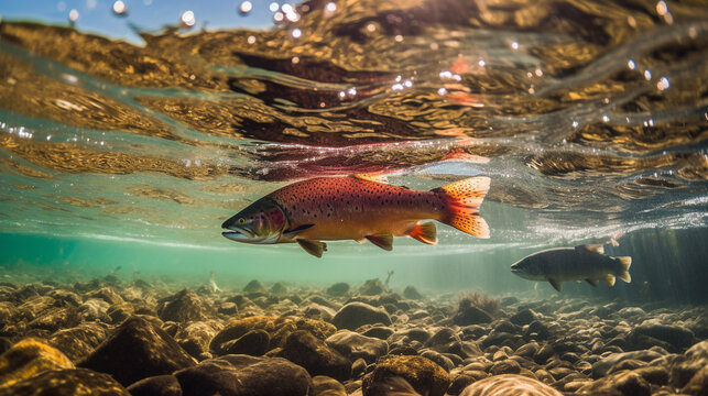 Illustration of spawning salmon in a beautiful river. Generative AI. 