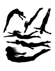Male and female athlete acrobat jumping, swimming, snorkeling and diving sport action silhouette