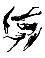 Male and female jumping, swimming, snorkeling and diving sport action silhouette