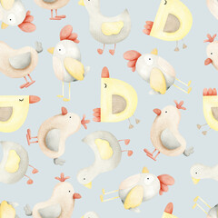 Cute birds. Watercolor seamless pattern for children. On a blue background. For baby shower, textiles, nursery decor, packaging, wrapping paper and scrapbooking