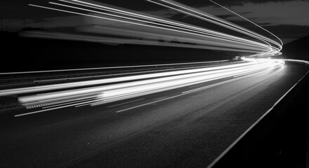 lights of cars with night. black and white. long exposure