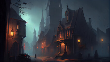 Misty Fantasy Town at Night of Landscape Background AI Generative
