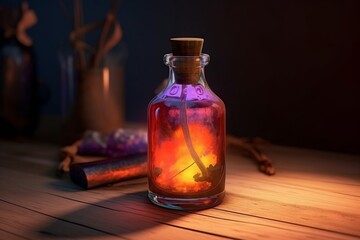 Charming Witchcraft Bottle of Poison on Wooden Table, Full of Color and Mystery, Generative AI