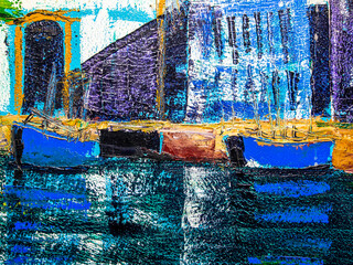 Colorful surface of the painting. Texture of painting. Painting artwork facture. Colorful texture. Abstract background. Oil painting on canvas with blue, yellow, black, white colors.	