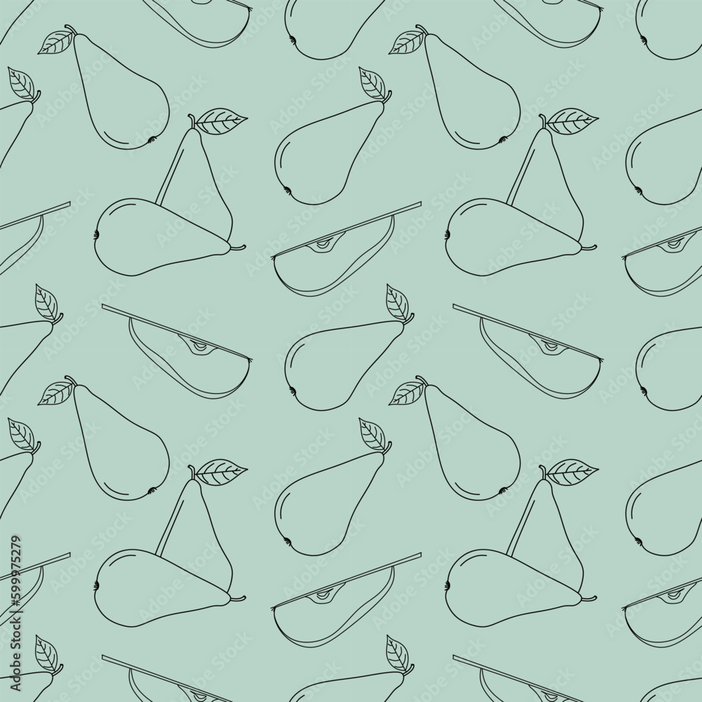 Poster pear seamless pattern. hand drawn pear cut slice and whole in linear style. repeated fruit backgroun