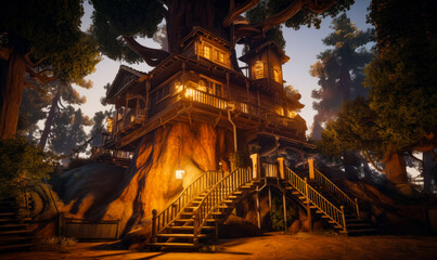 Lovely fairy-tale house on the huge tree. Cozy dwelling in the woods with big stairs. Low angle view. Generative AI.