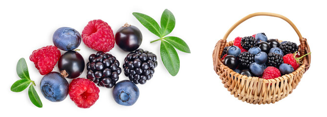 mix of blackberry blueberry raspberry isolated on white background. Top view. Flat lay pattern